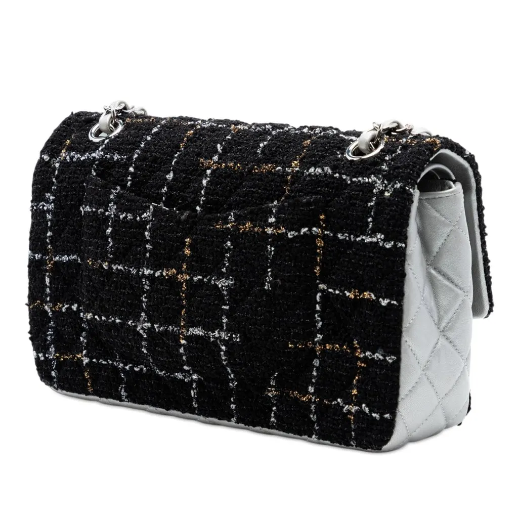 Chanel Medium Classic Quilted Tweed and Metallic Lambskin Double Flap Black Good - Back View