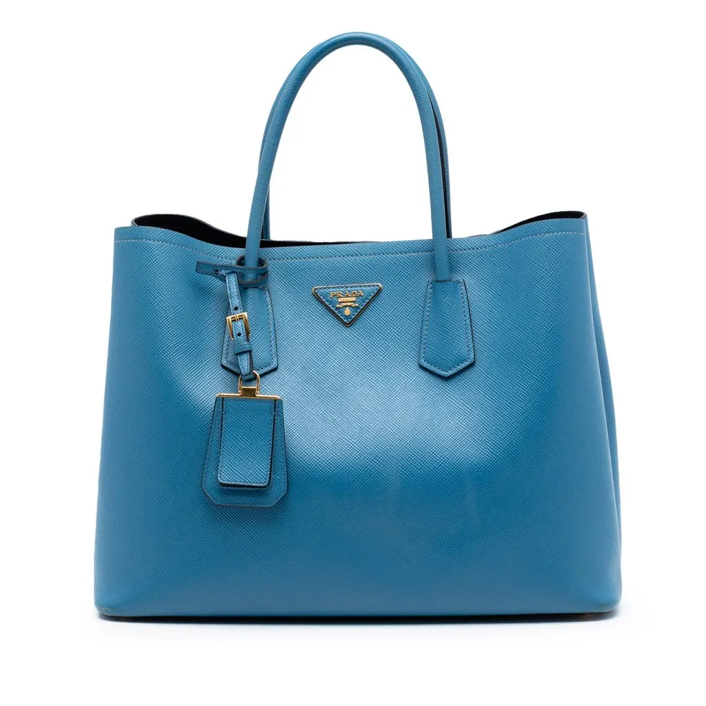 Prada Large Saffiano Cuir Double Satchel Blue Leather Very good - Front View