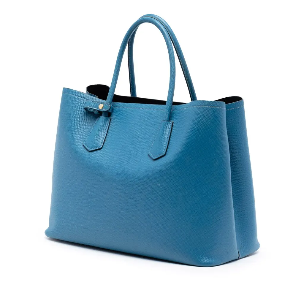 Prada Large Saffiano Cuir Double Satchel Blue Leather Very good - Back View