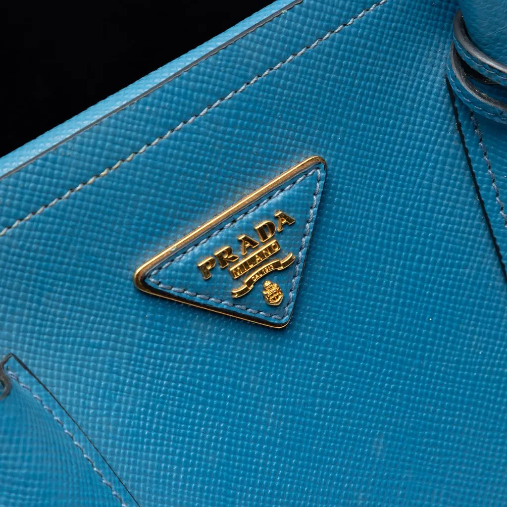 Prada Large Saffiano Cuir Double Satchel Blue Leather Very good - Box View