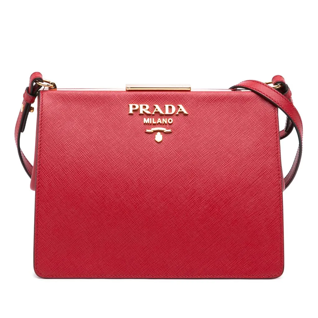 Prada Saffiano and City Calf Light Frame Crossbody Red Leather Very good - Front View