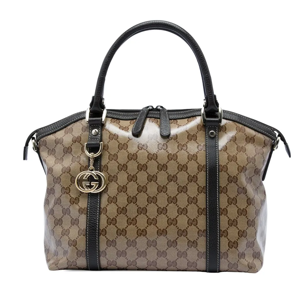 Gucci Medium GG Crystal Charm Dome Satchel Beige Good - Front View