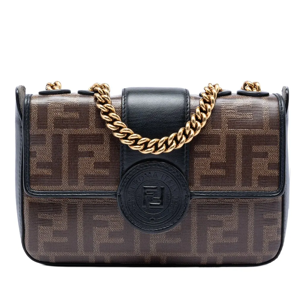 Fendi Mini FF 1974 Glazed Fabric Stamp Patch Crossbody Brown Very good - Front View
