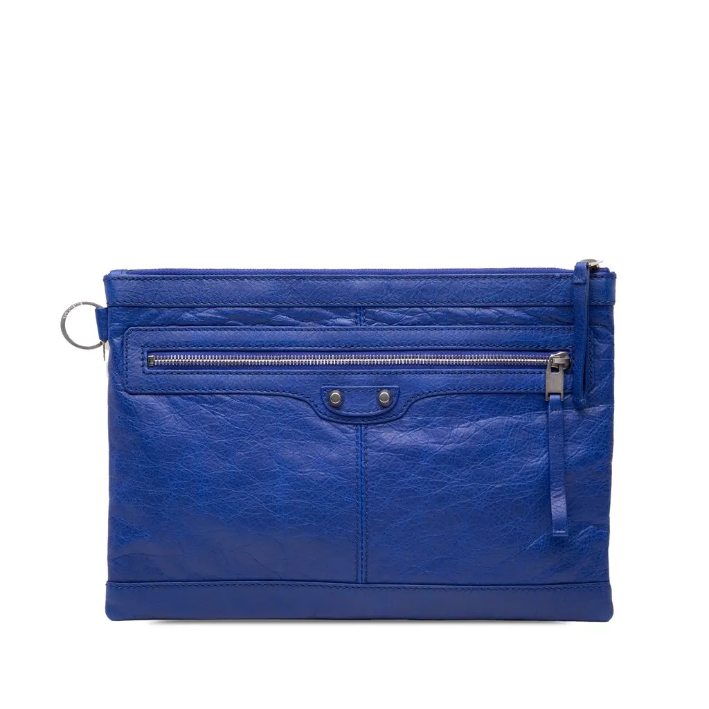 Balenciaga Lambskin Motocross Classic Clip M Clutch Blue Leather Very good - Front View