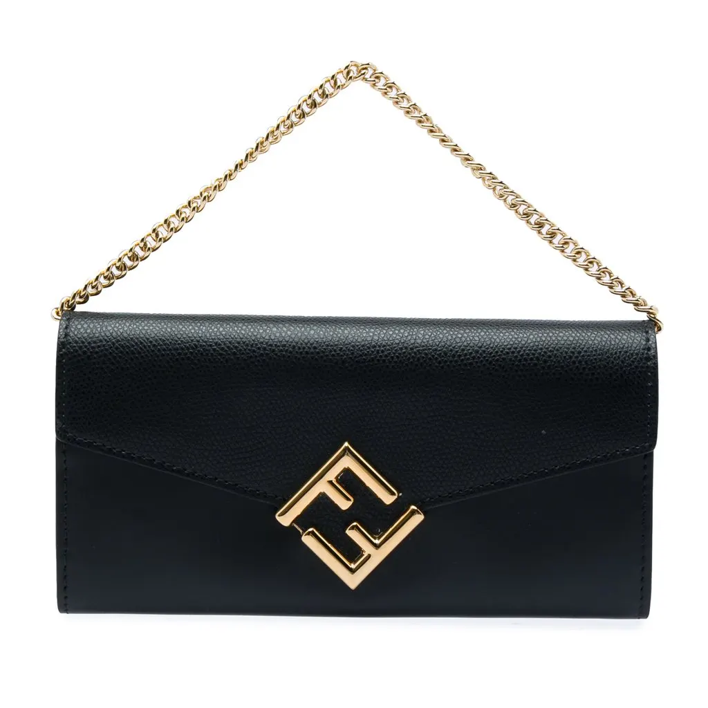 Fendi Smooth and Grained Calfskin Vitello King Cruise FF Diamonds Continental Envelope Wallet On Chain Black Leather Very good - Front View