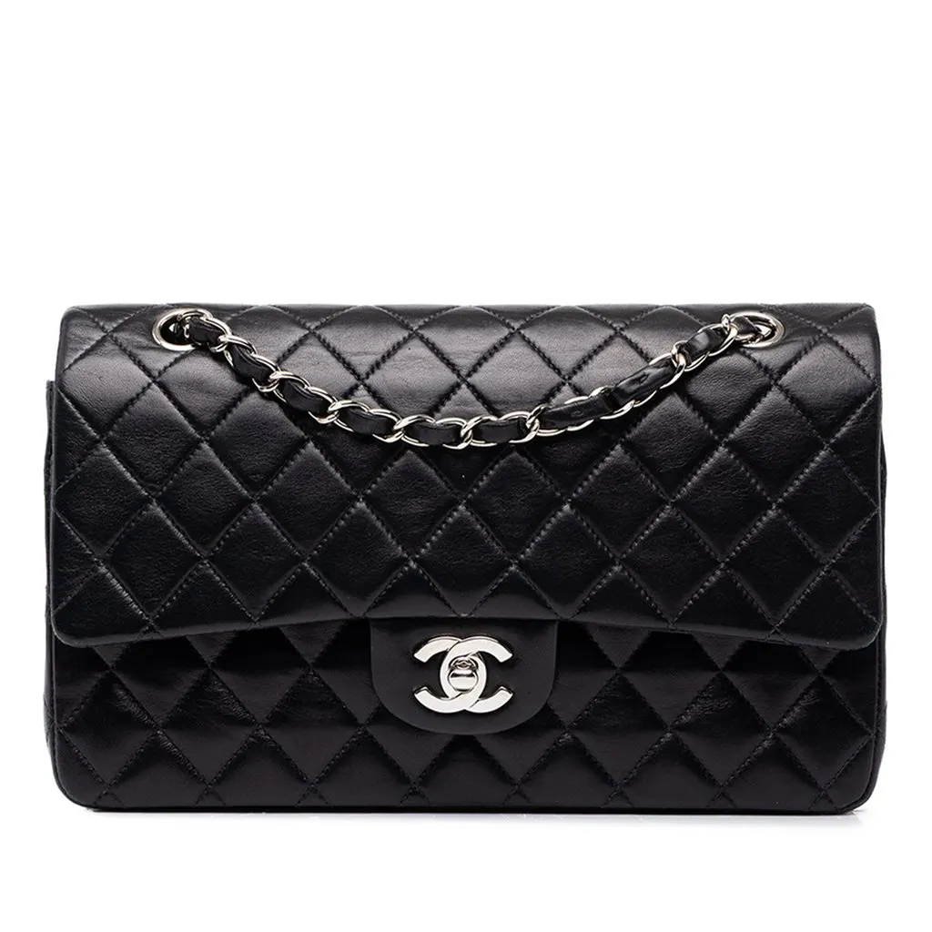 Chanel Medium Classic Lambskin Double Flap Black Leather Good - Front View
