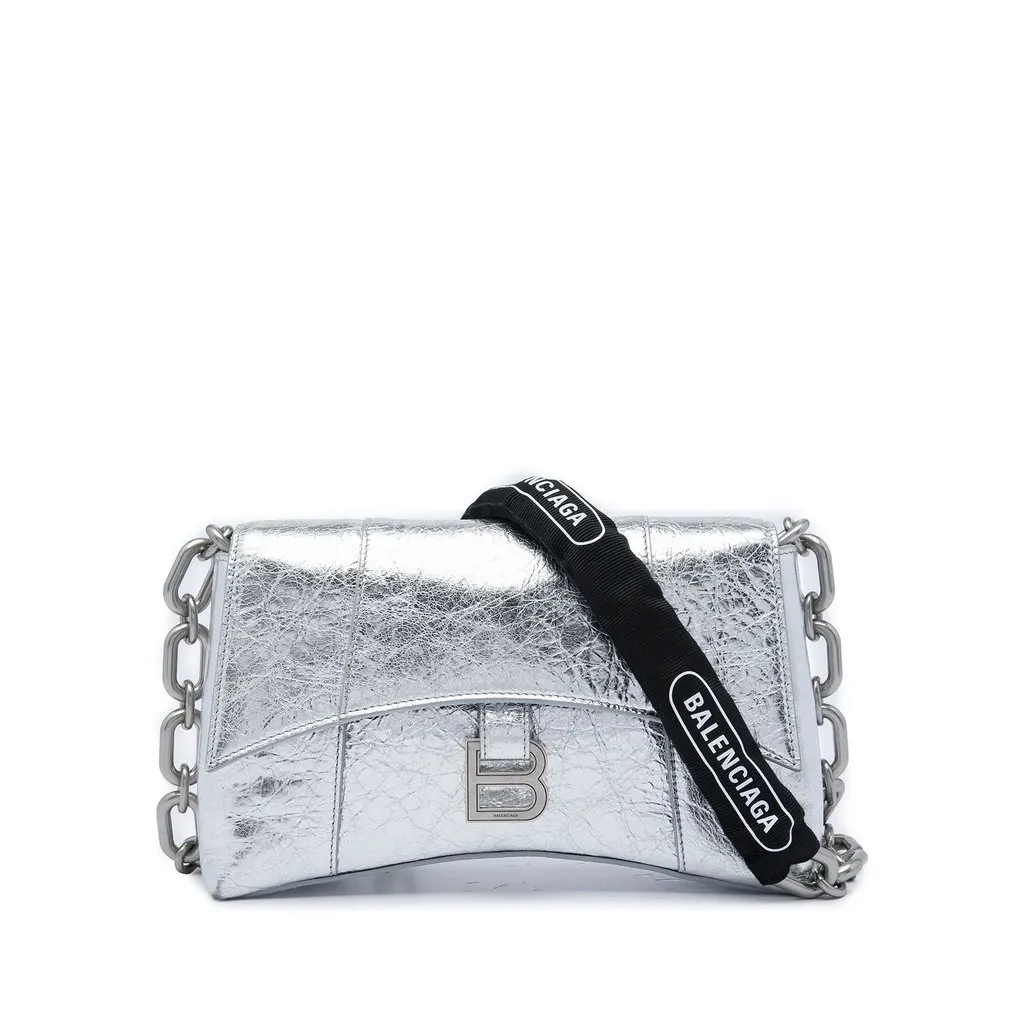 Balenciaga Metallic Crinkled Calfskin Hourglass Downtown Crossbody XS Silver Leather Very good - Front View