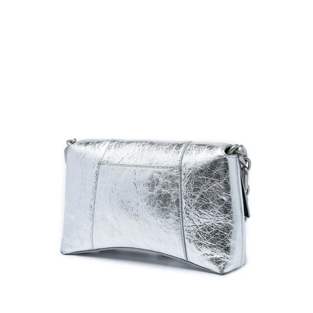 Balenciaga Metallic Crinkled Calfskin Hourglass Downtown Crossbody XS Silver Leather Very good - Back View