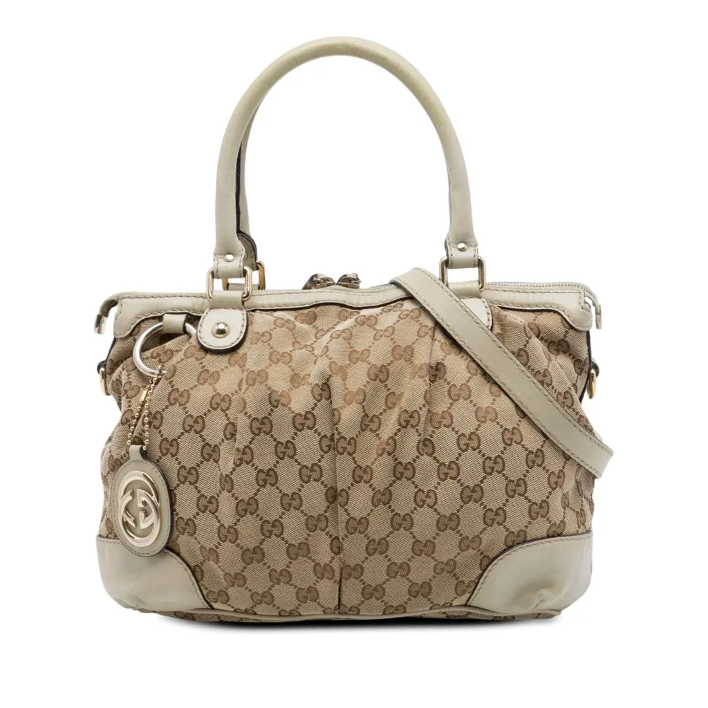 Gucci GG Canvas Sukey Satchel Beige Canvas Good - Front View