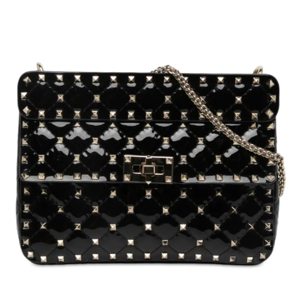 Valentino Medium Patent Rockstud Spike Satchel Black Leather Very good - Front View