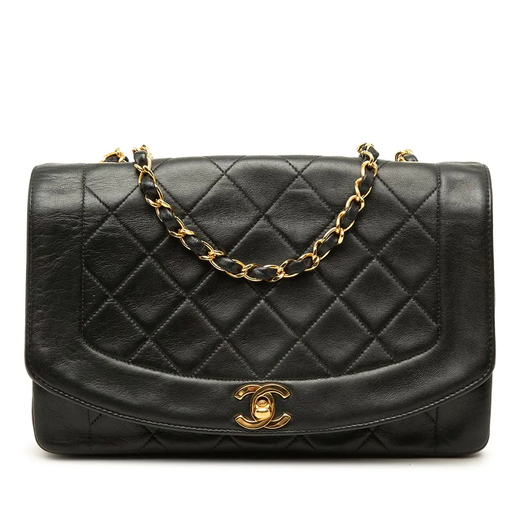Chanel Medium Lambskin Diana Flap Black Leather Good - Front View