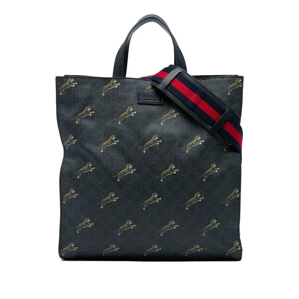 Gucci GG Supreme Web Tiger Convertible Soft Tote Black Canvas Very good - Front View