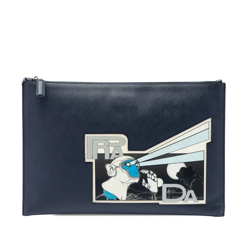 Prada Saffiano Monkey Robot Clutch Blue Leather Very good - Front View