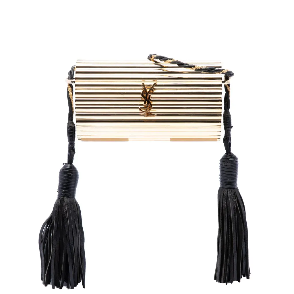Saint Laurent Ribbed Acrylic and Lambskin Fringe Monogram Opium Box Bag Gold Plastic Very good - Front View