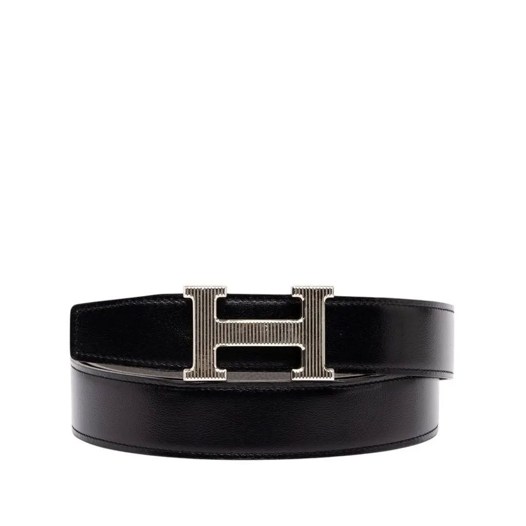 Hermès Swift and Togo Constance H Guillochee Reversible Belt Black Leather Very good - Front View
