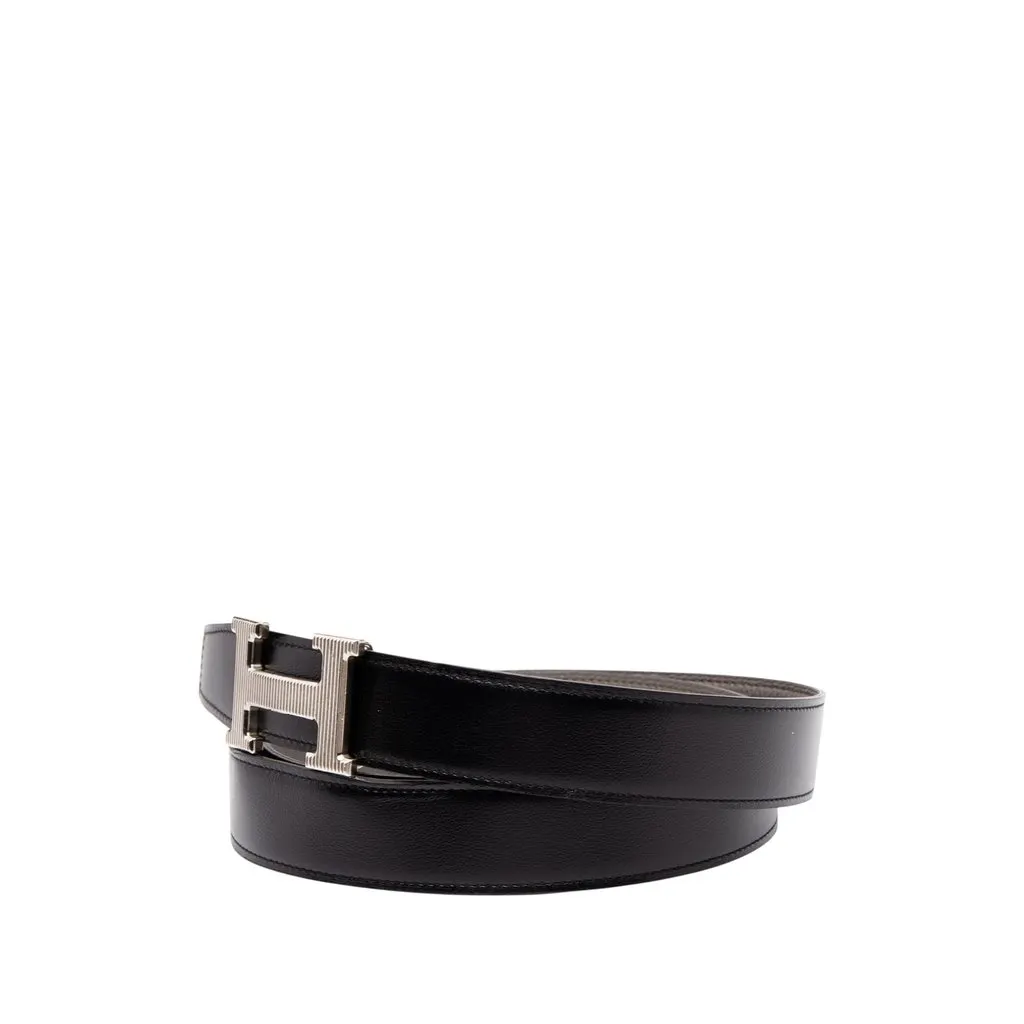 Hermès Swift and Togo Constance H Guillochee Reversible Belt Black Leather Very good - Back View