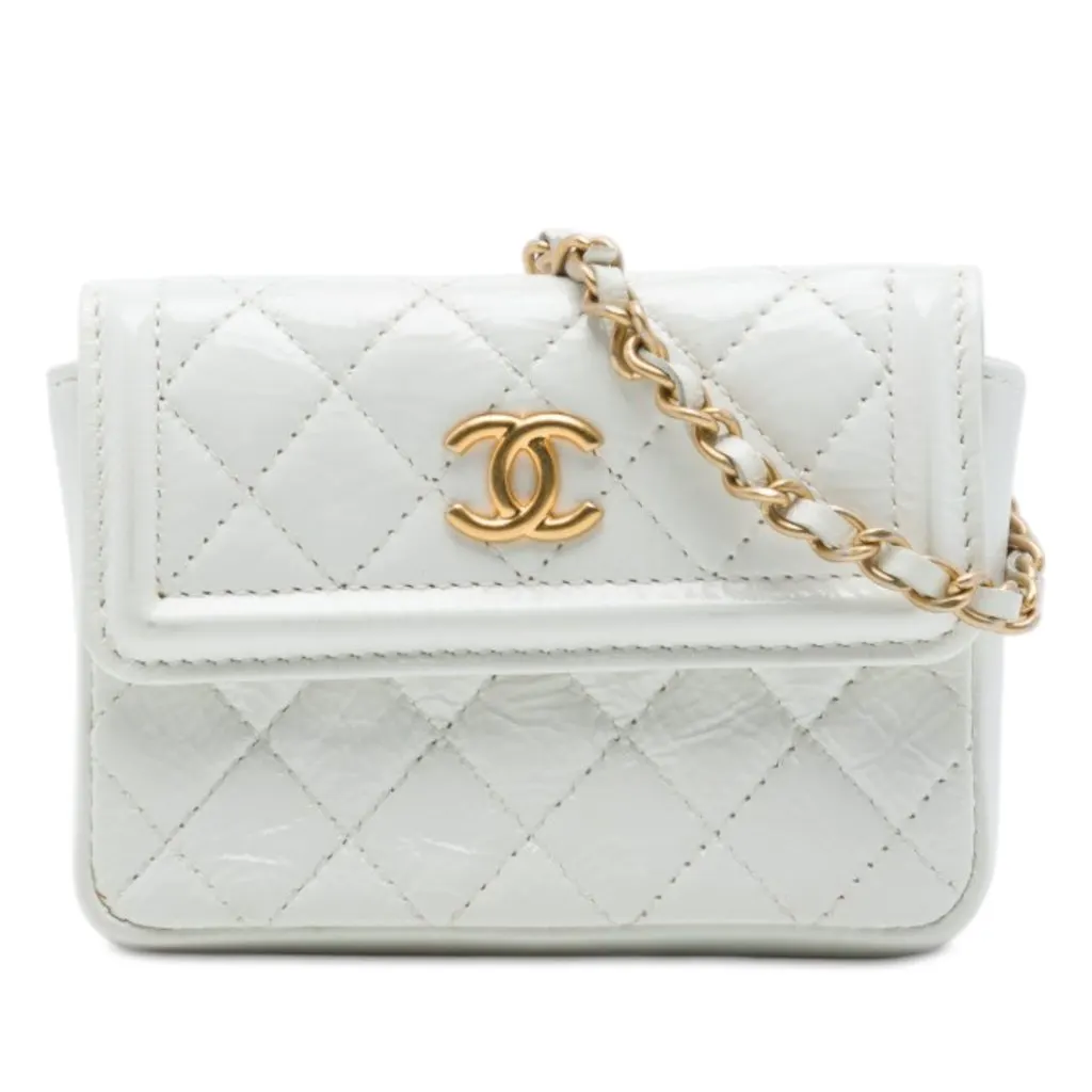 Chanel CC Quilted Shiny Aged Calfskin Waist Bag White Leather Very good - Front View
