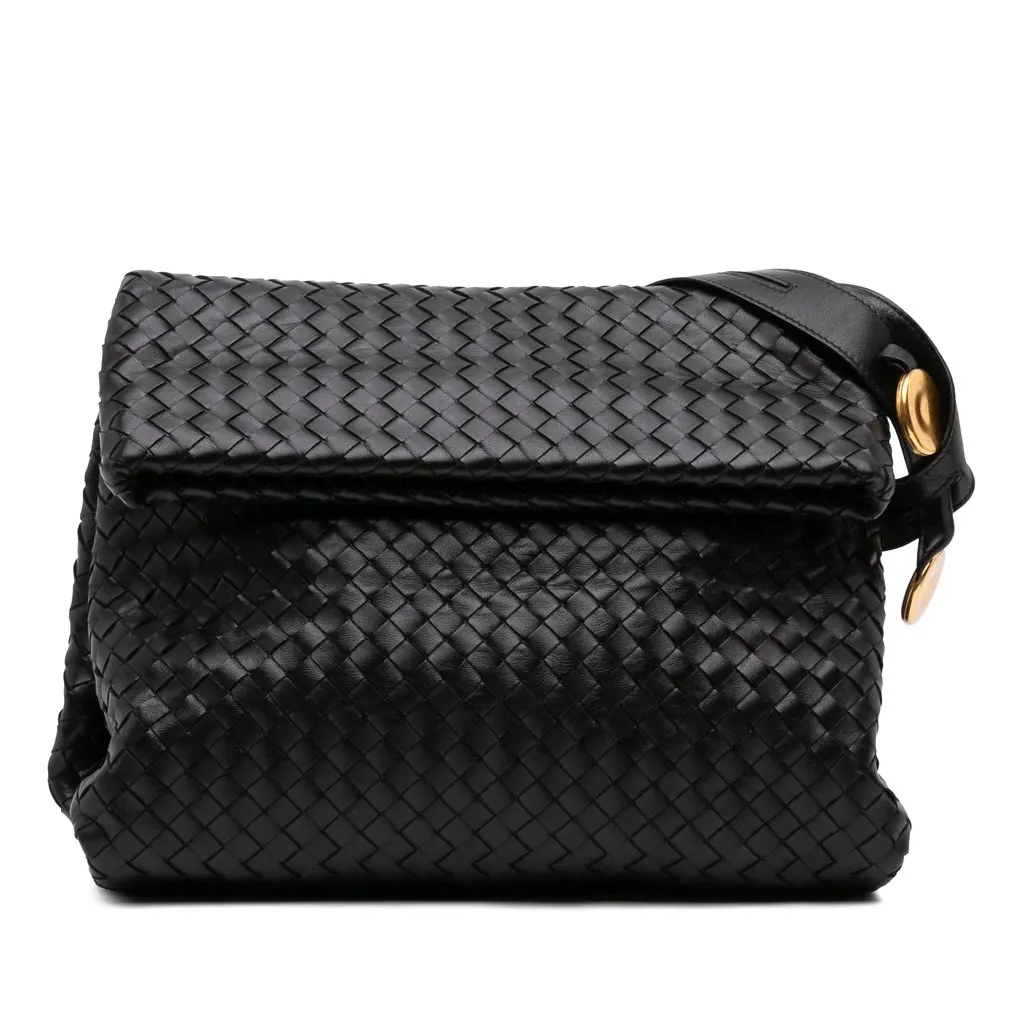 Bottega Veneta Small Nappa Intrecciato Fold Over Flap Crossbody Black Leather Never worn - Front View