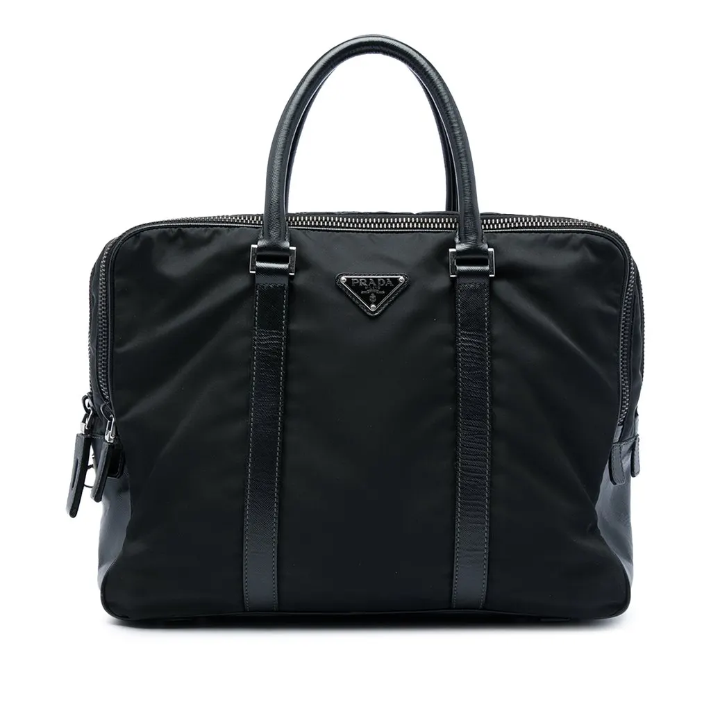 Prada Saffiano Trimmed Tessuto Business Bag Black Polyamide Good - Front View