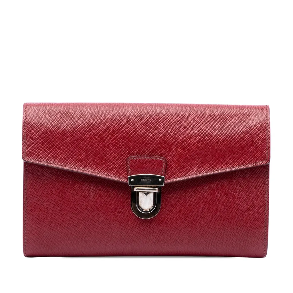 Prada Saffiano Envelope Pushlock Clutch Red Leather Very good - Front View