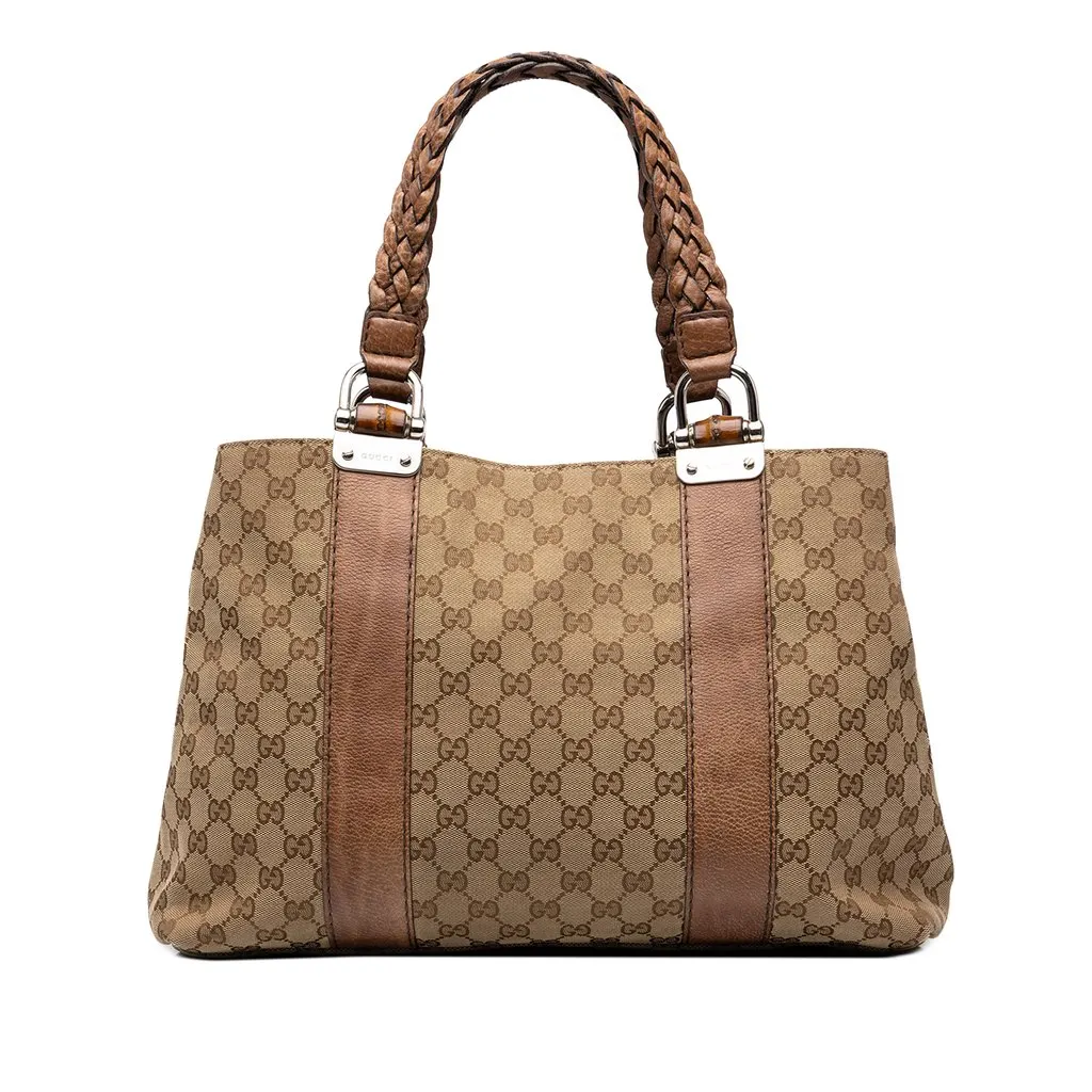 Gucci Medium GG Canvas Bamboo Libeccio Tote Beige Canvas Good - Front View