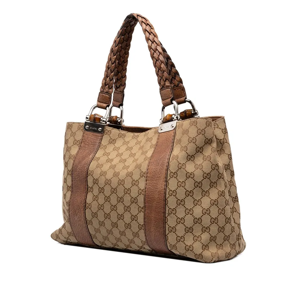 Gucci Medium GG Canvas Bamboo Libeccio Tote Beige Canvas Good - Back View