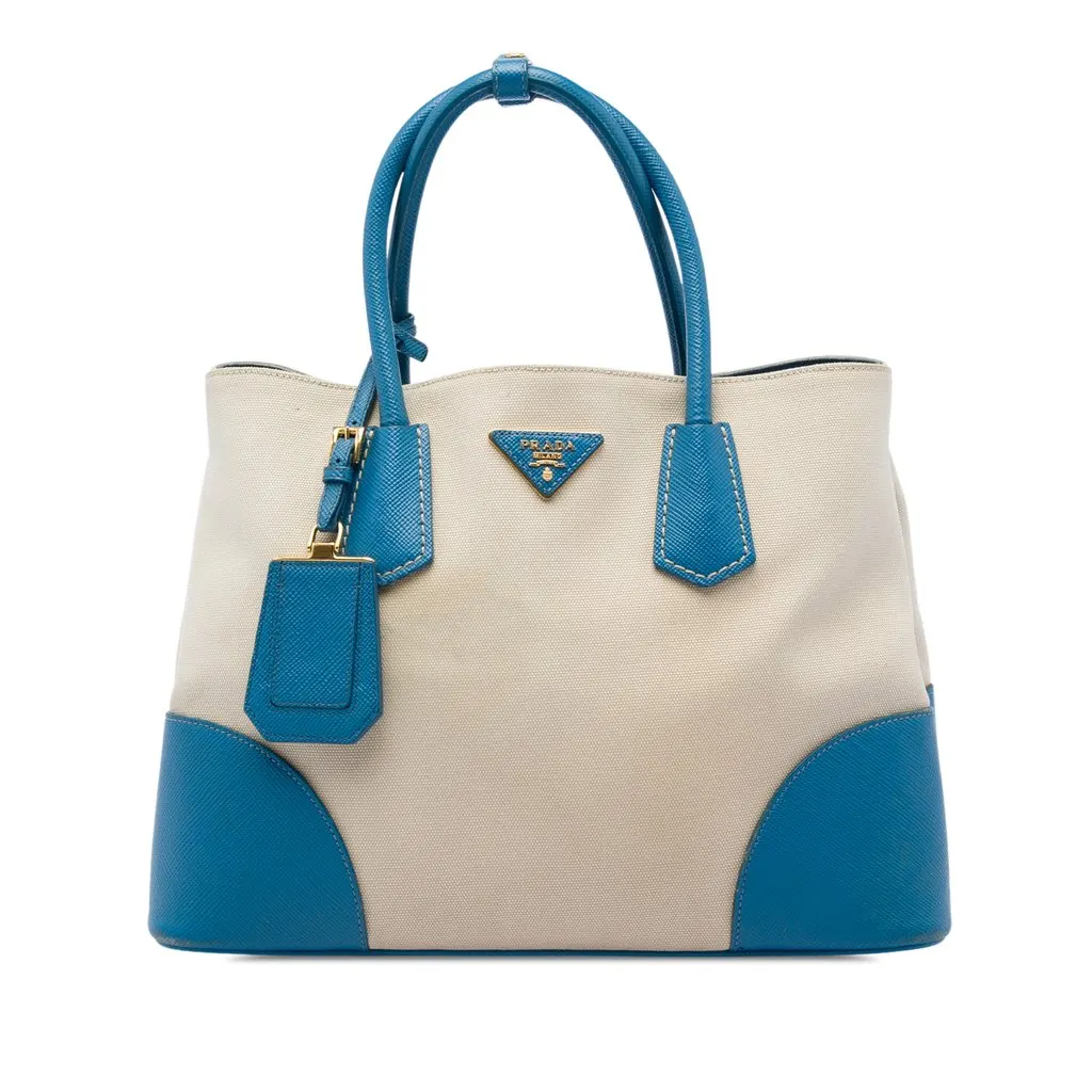 Prada Medium Saffiano Cuir Trimmed Canvas Double Satchel Beige Very good - Front View