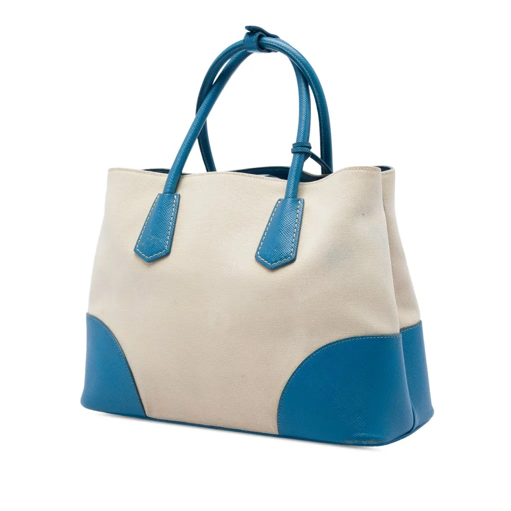 Prada Medium Saffiano Cuir Trimmed Canvas Double Satchel Beige Very good - Back View