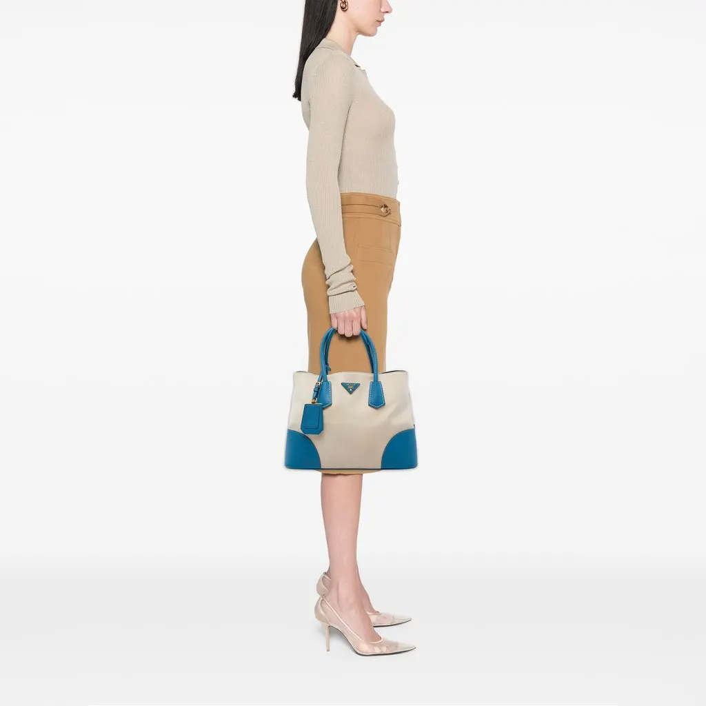 Prada Medium Saffiano Cuir Trimmed Canvas Double Satchel Beige Very good - Box View