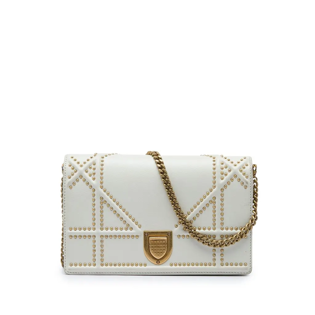 Dior Studded Calfskin Diorama Wallet on Chain White Leather Very good - Front View