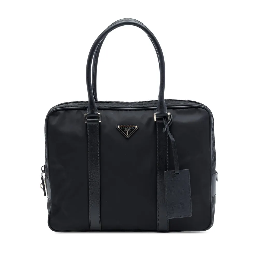 Prada Saffiano Trimmed Tessuto Business Bag Black Very good - Front View