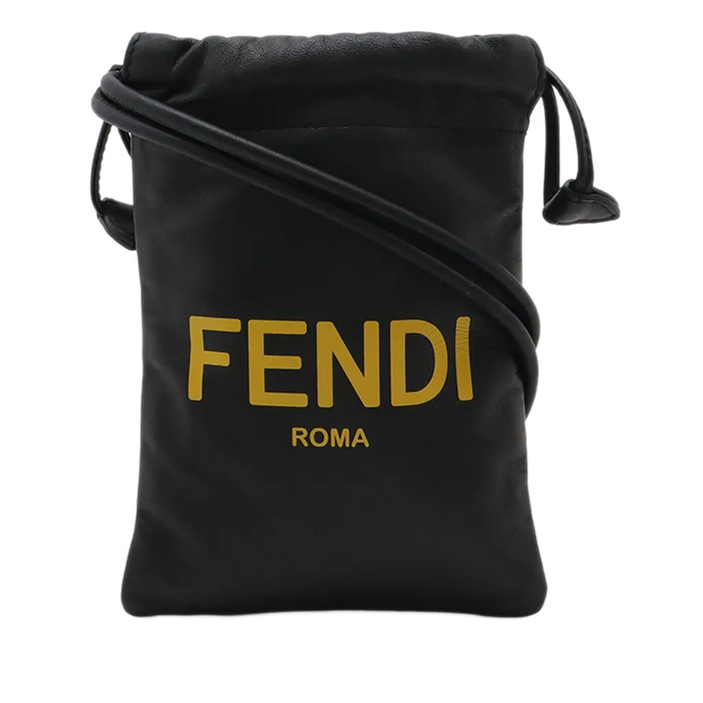 Fendi Nappa Logo Neck Phone Pouch Black Leather Very good - Front View