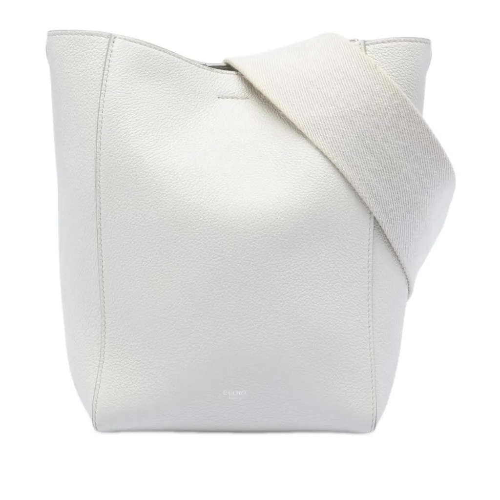 Celine Small Soft Grained Calfskin Seau Sangle Bucket Bag White Leather Very good - Front View
