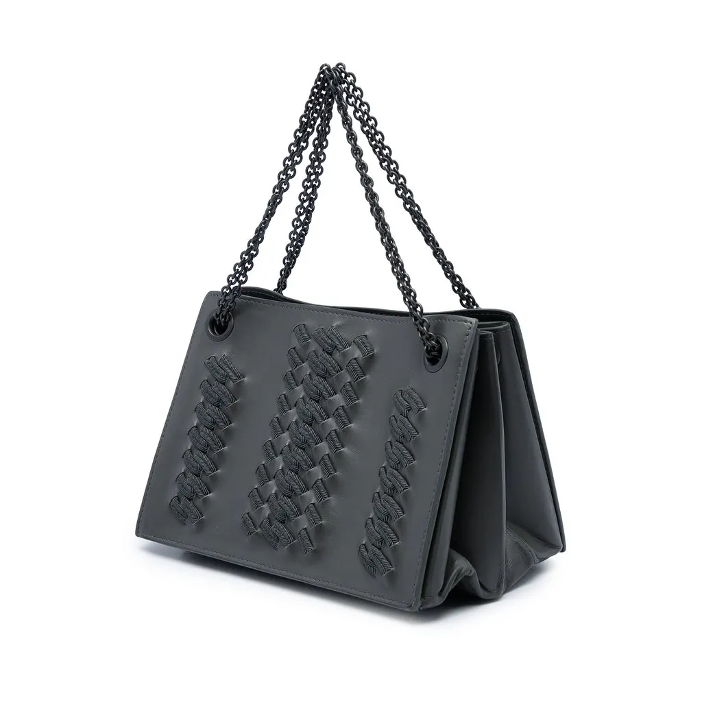 Bottega Veneta Embroidered Intrecciato Trimmed Nappa Chain Handbag Grey Leather Very good - Back View