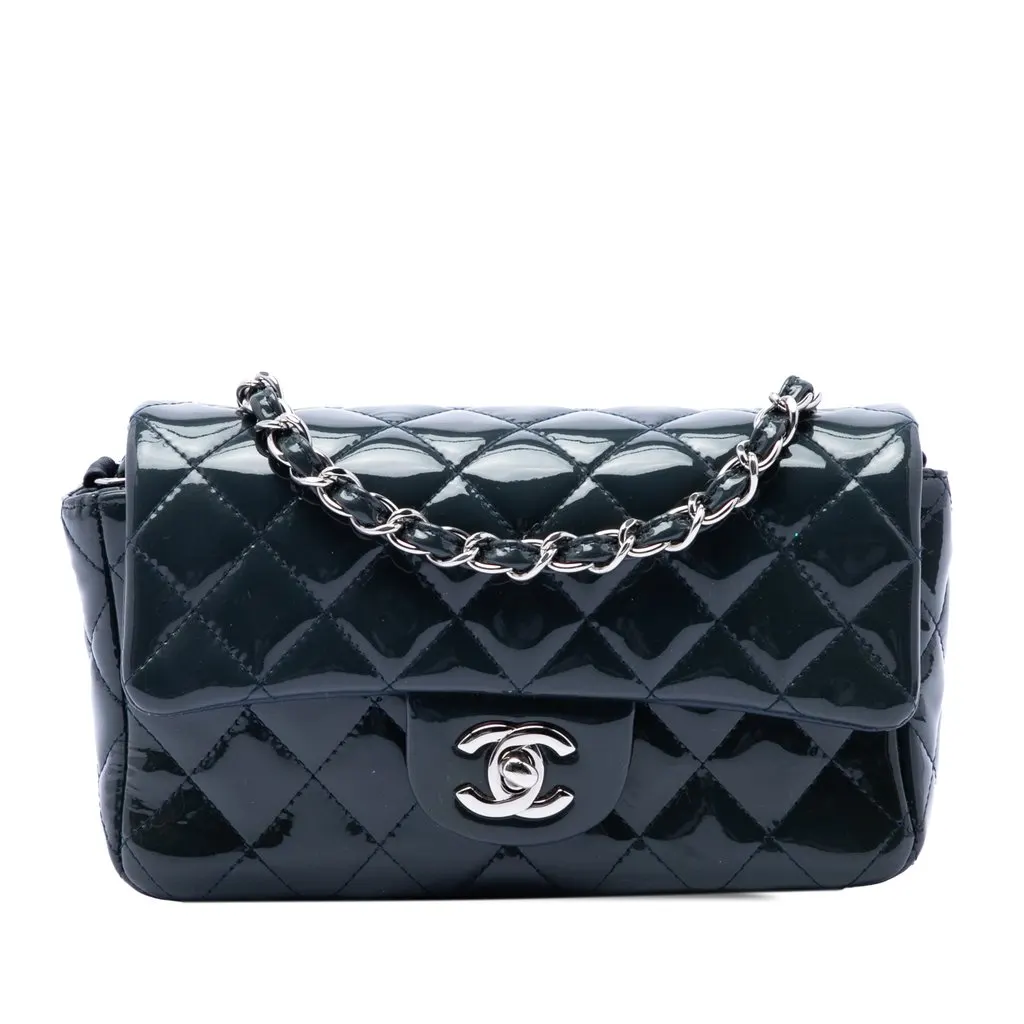 Chanel Mini Rectangular Classic Patent Single Flap Blue Leather Very good - Front View