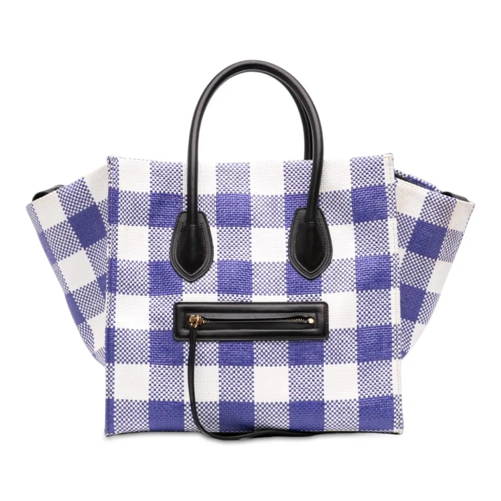 Celine Medium Gingham Raffia Luggage Phantom Tote Blue Very good - Front View
