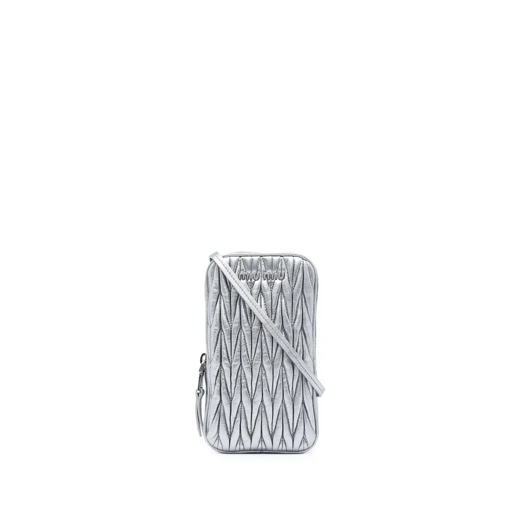 Miu Miu Matelasse Metallic Nappa Phone Holder Crossbody Silver Leather Very good - Front View