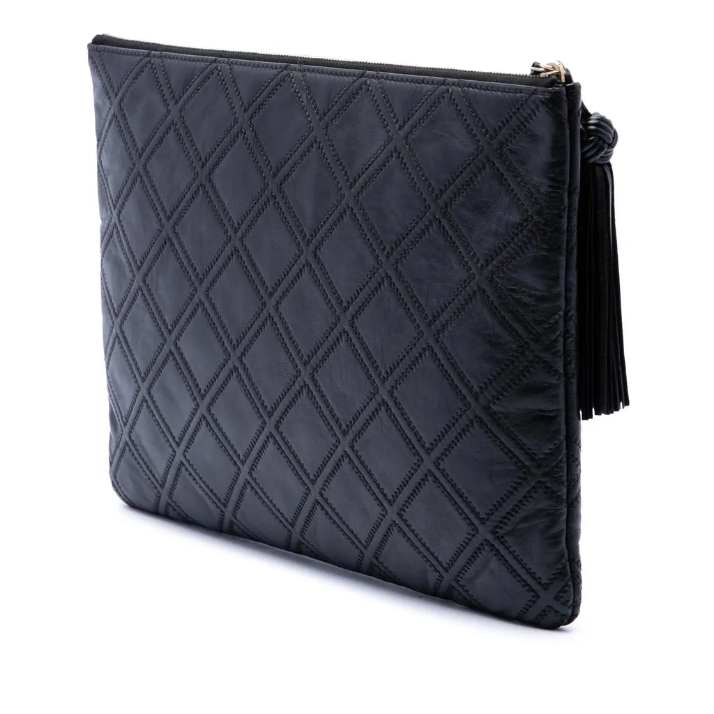 Chanel Large Quilted Lambskin Double Stitch Tassel O Case Clutch Black Leather Very good - Back View