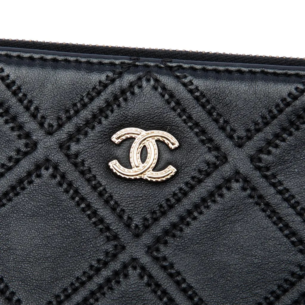 Chanel Large Quilted Lambskin Double Stitch Tassel O Case Clutch Black Leather Very good - Box View
