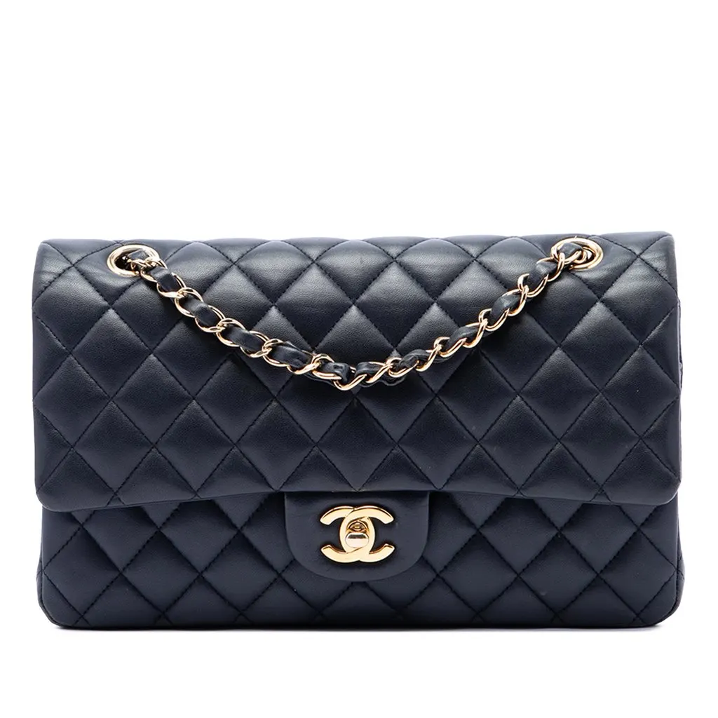 Chanel Medium Classic Lambskin Double Flap Blue Leather Very good - Front View