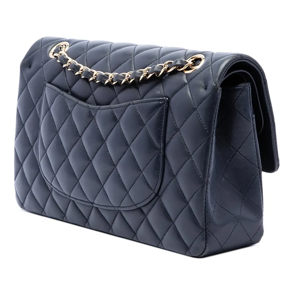 Chanel Medium Classic Lambskin Double Flap Blue Leather Very good - Back View