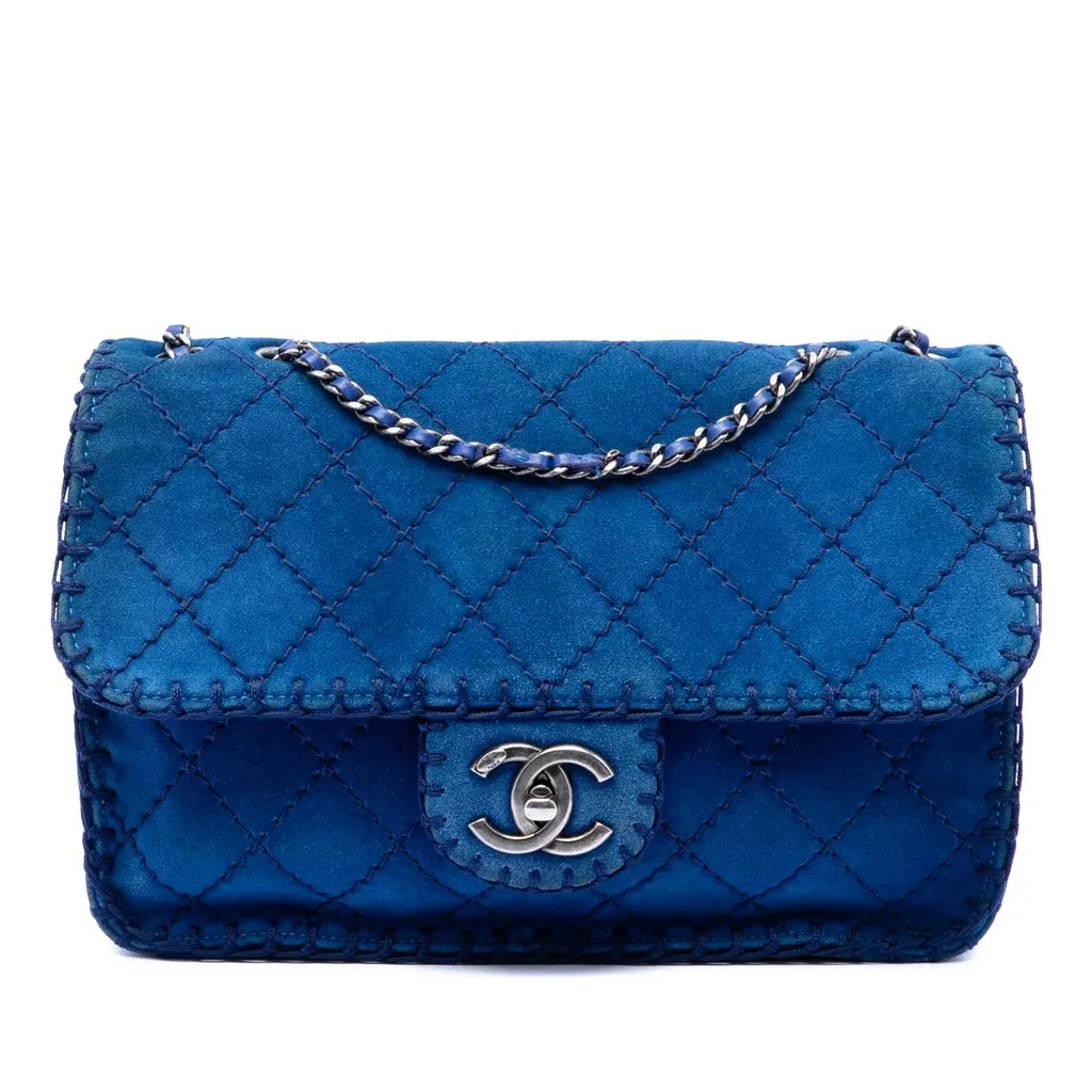 Chanel Medium CC Quilted Suede Whipstitch Single Flap Blue Leather Very good - Front View
