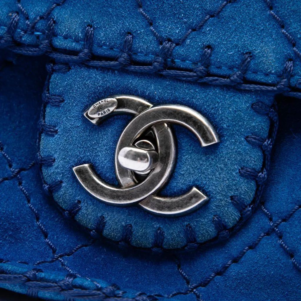 Chanel Medium CC Quilted Suede Whipstitch Single Flap Blue Leather Very good - Box View