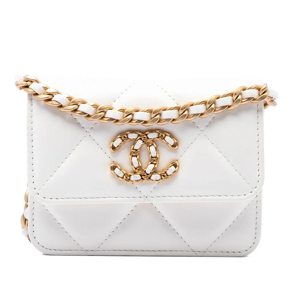Chanel Quilted Lambskin 19 Flap Coin Purse With Chain White Leather Very good - Front View