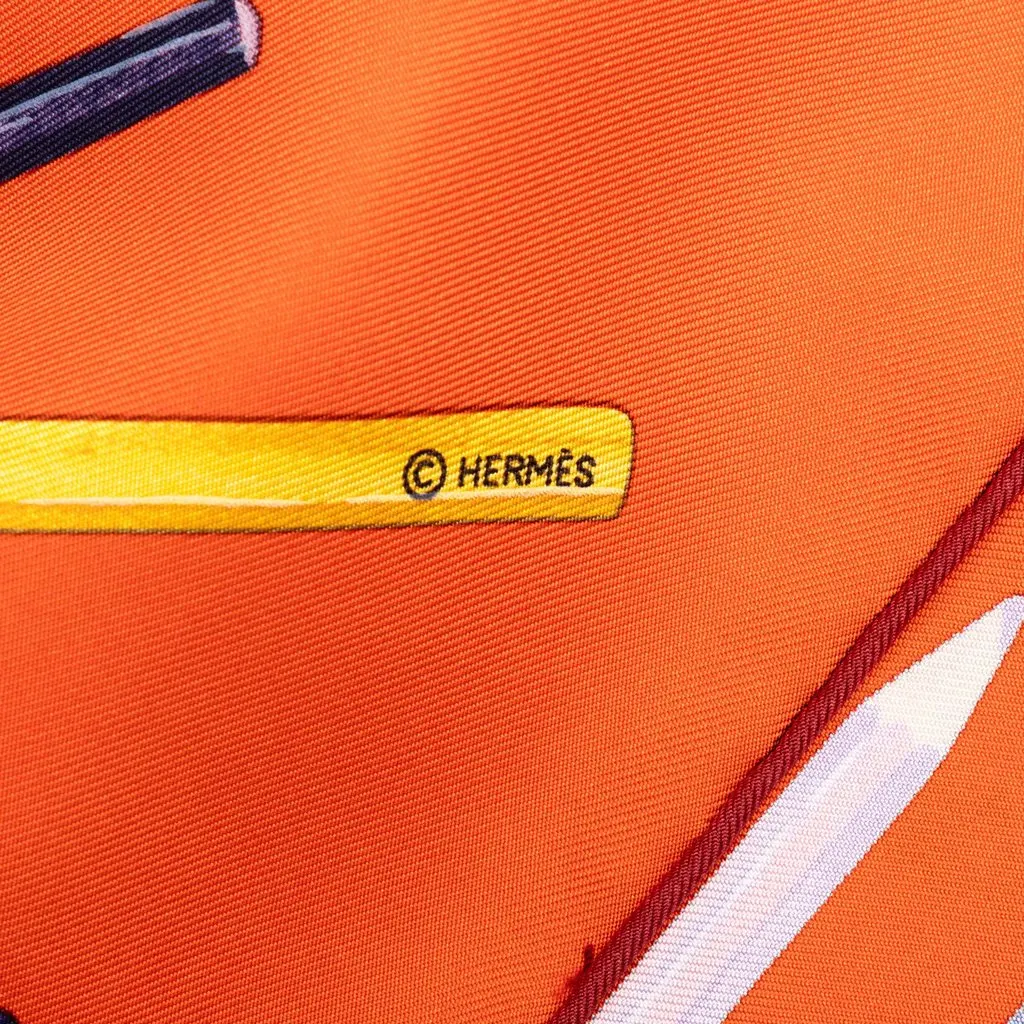 Hermès A Vos Crayons Silk Scarf 90 Orange Silk Good - Inside View