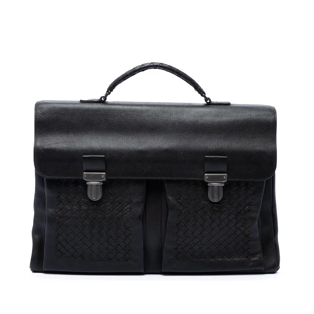 Bottega Veneta Intrecciato Trimmed Nappa Business Bag Black Leather Very good - Front View