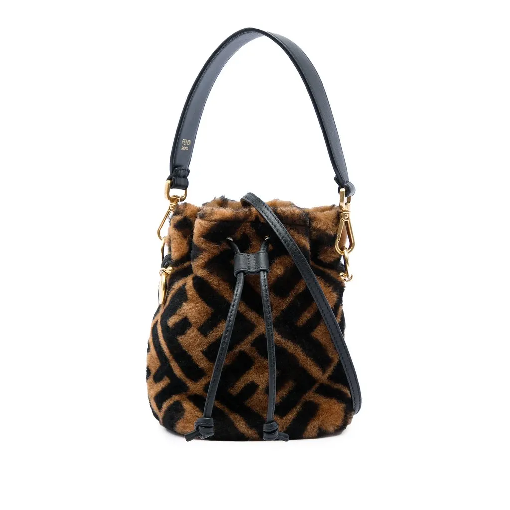 Fendi Mini Zucca Shearling Mon Tresor Bucket Bag Brown Fur Very good - Front View