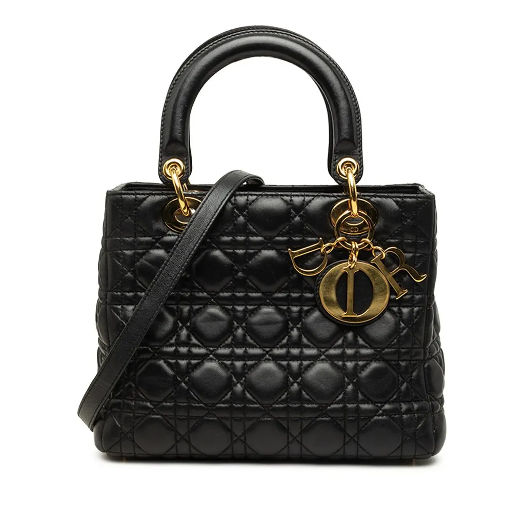 Dior Medium Lambskin Cannage Lady Dior Black Leather Very good - Front View