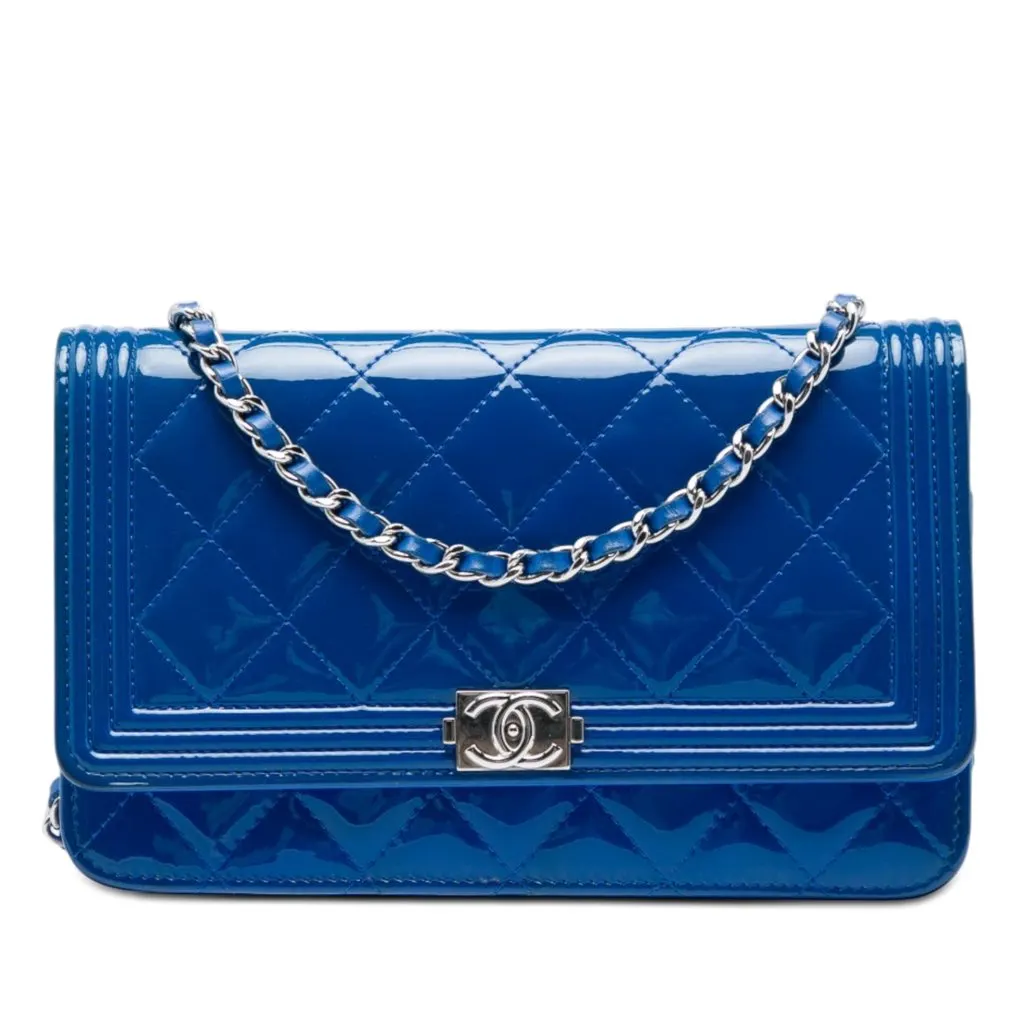 Chanel Quilted Patent Boy Wallet on Chain Blue Leather Very good - Front View