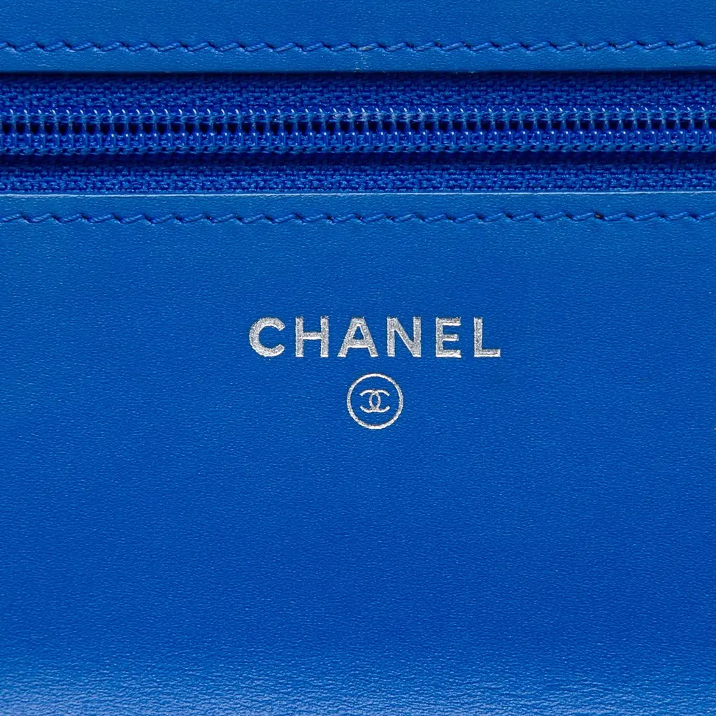 Chanel Quilted Patent Boy Wallet on Chain Blue Leather Very good - Box View